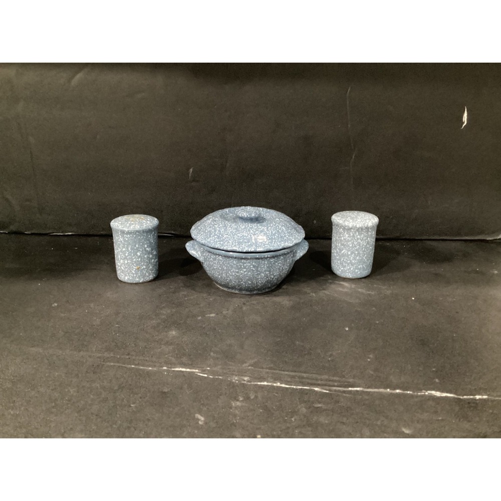 Mikasa Ultrastone Country Blue Speckled Salt/Pepper Shaker & Sugar Bowl Japan *